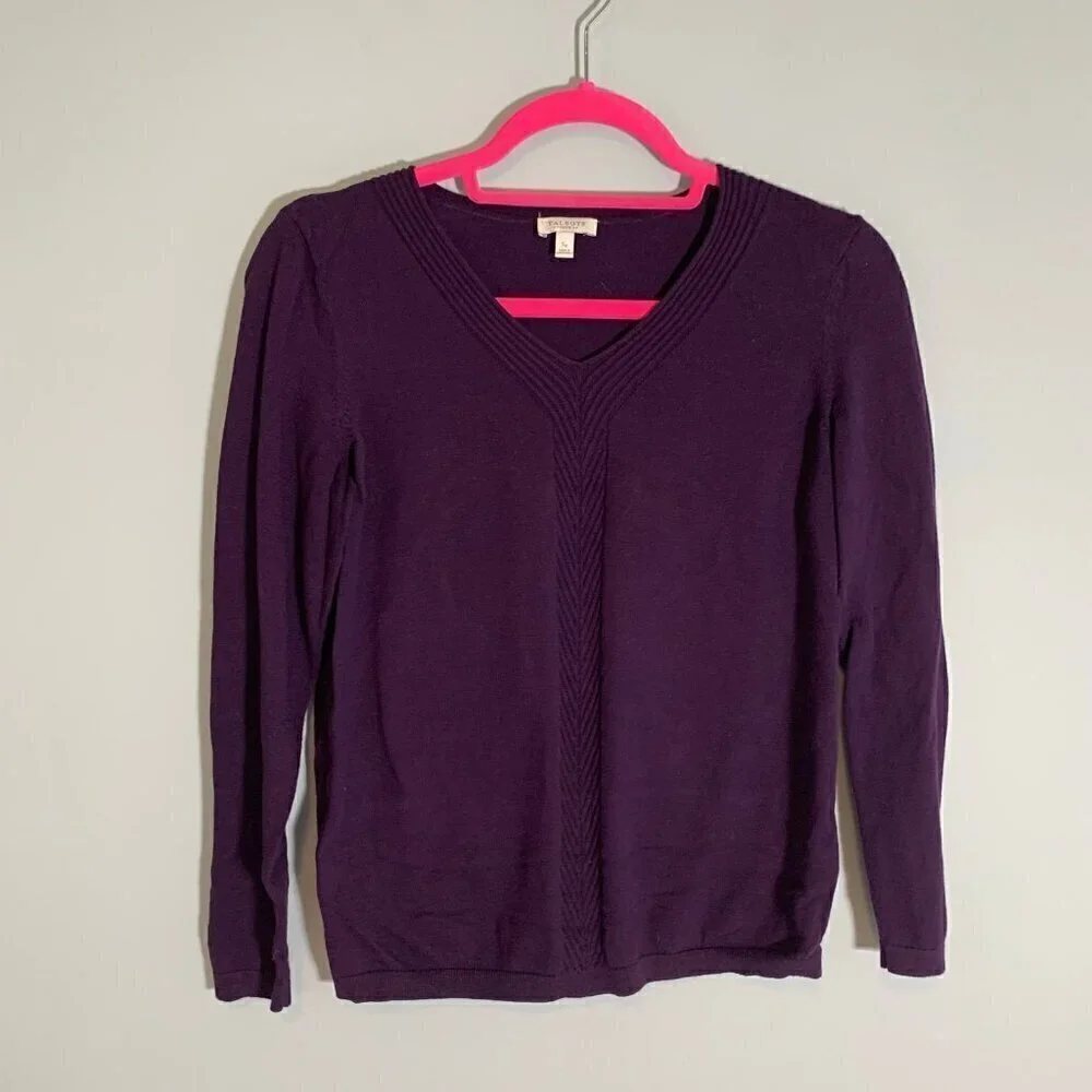 Talbots Petite Purple V-Neck 100% Cotton Sweater Ribbed Chevron Detail SP